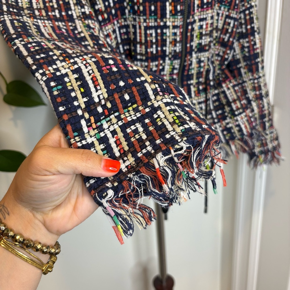 HALOGEN Multi-Color Tweed Fringe Peplum Zip Up Jacket - Picture 3 of 11